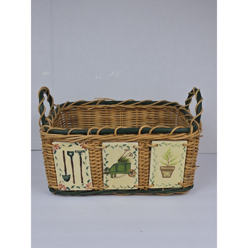Woven Wicker Basket With Painted Ceramic Tile Accents Gardening Theme Handles